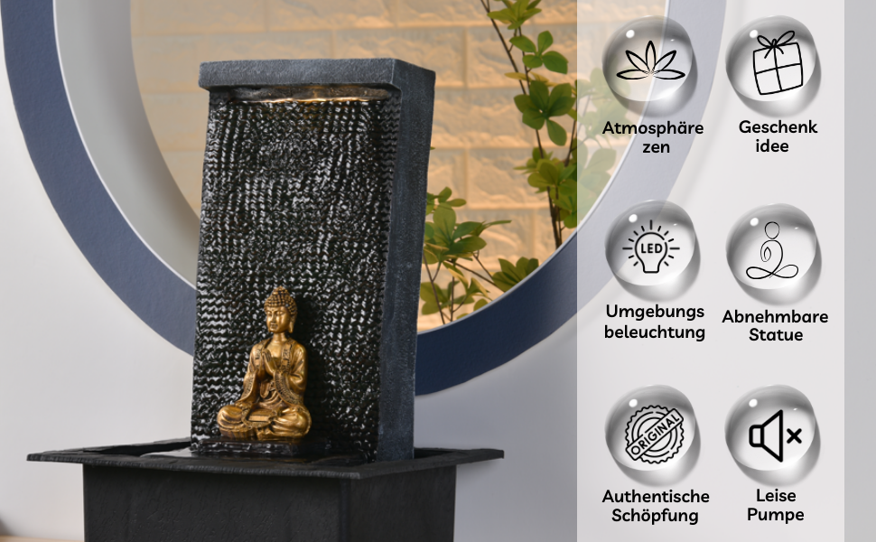 Внутрішній фонтан Zen Light з LED-підсвічуванням та Буддою, 40 см, чорний