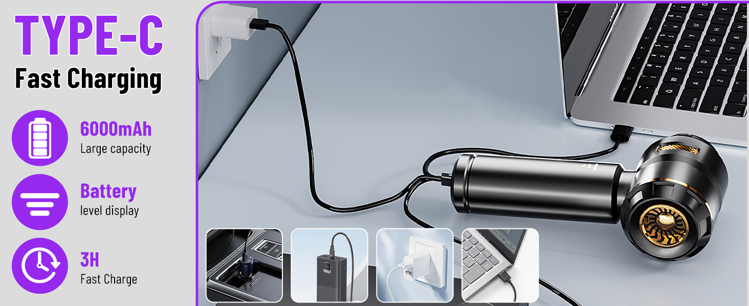 Акумуляторний ручний пилосос 4 в 1 для авто та дому, безщітковий мотор 22000Па, потужність 6000 мАг, портативний електричний обдуватель для прибирання шерсті та пилу, чорно-золотий