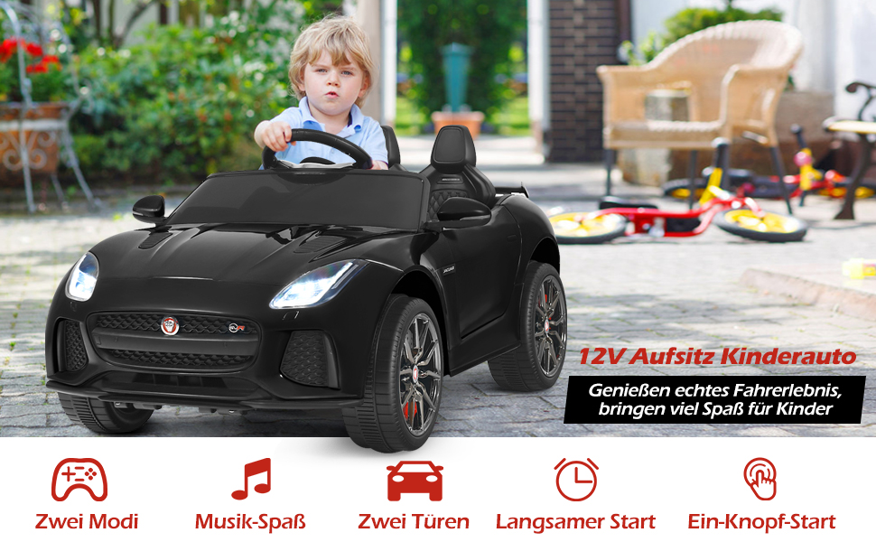 Дитячий електромобіль Jaguar COSTWAY 12V з пультом, музикою та підсвічуванням, чорний, для дітей від 3 років