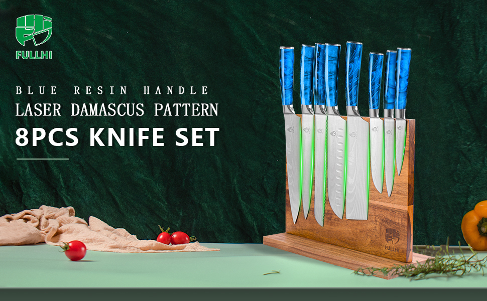 Японський набір ножів Fullhi 15 предметів з магнітним підставкою, з високоякісної сталі, ергономічні ручки з харчового пластику, для професійної та домашньої кухні
