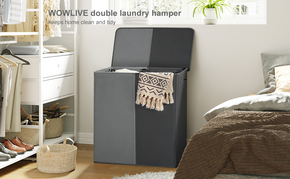 WOWLIVE Подвійний кошик для білизни з кришкою, великий, складний, 2 секції з ручками, сірий+чорний (154л)