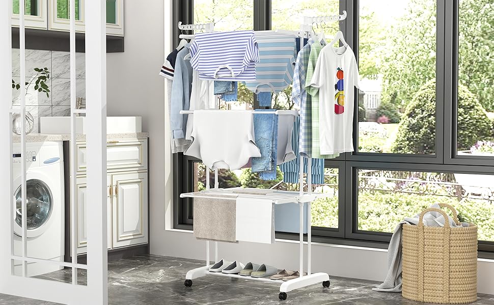 Сушарка для білизни SIMPDIY вертикальна баштового типу, розкладна сушарка з 6 крилами та 2 бічними панелями на колесах для дому та вулиці, біла