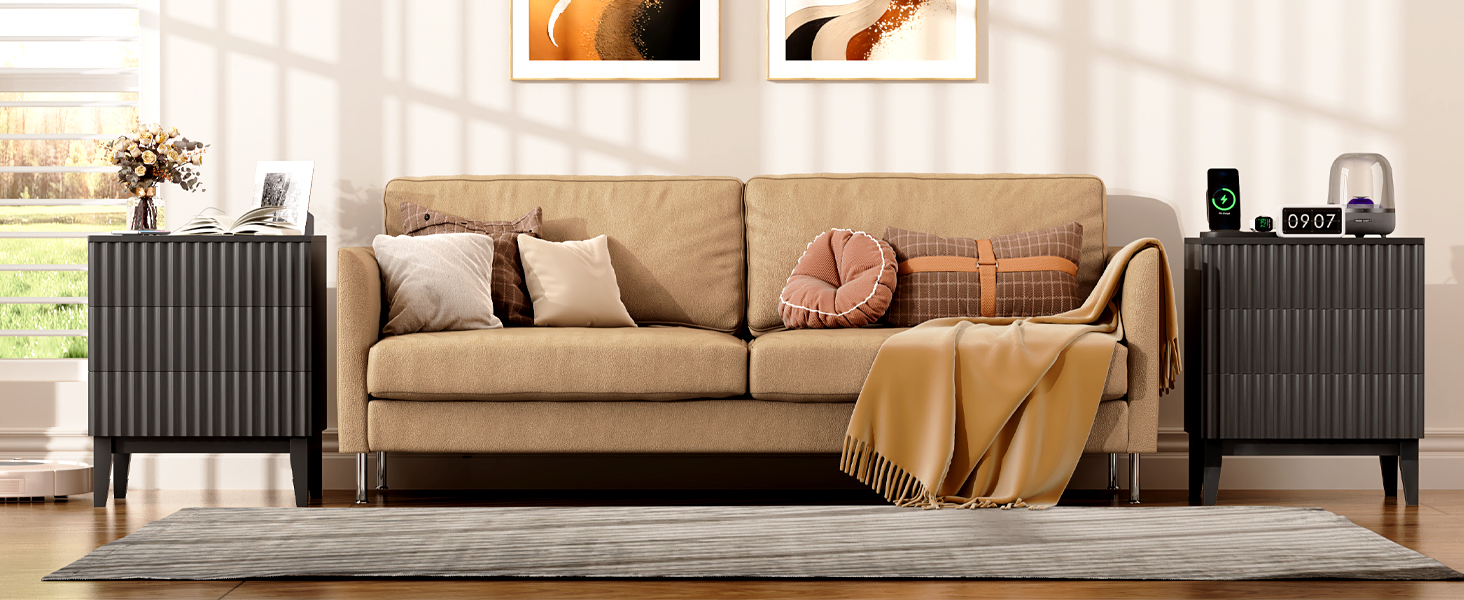 LED тумбочка Gurexl з зарядкою та 3 шухлядами, дерев'яна, з USB та Type-C, з датчиком руху, для спальні, вітальні, офісу, чорна