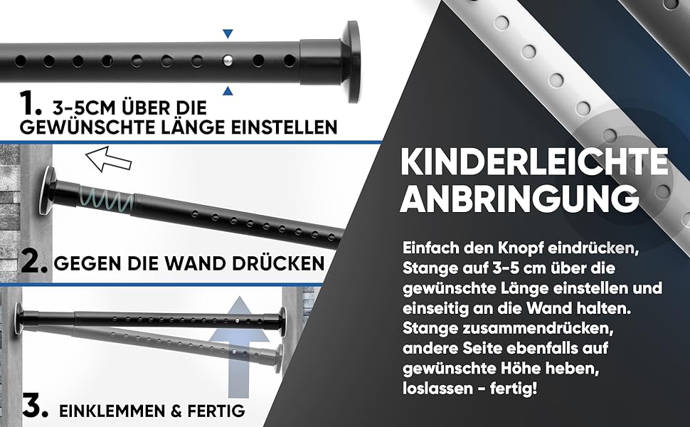 Штанга для душу без свердління 160-210 см, біла, діаметр 32 мм, з кріпленнями - для ванної, кухні та міжкімнатних дверей