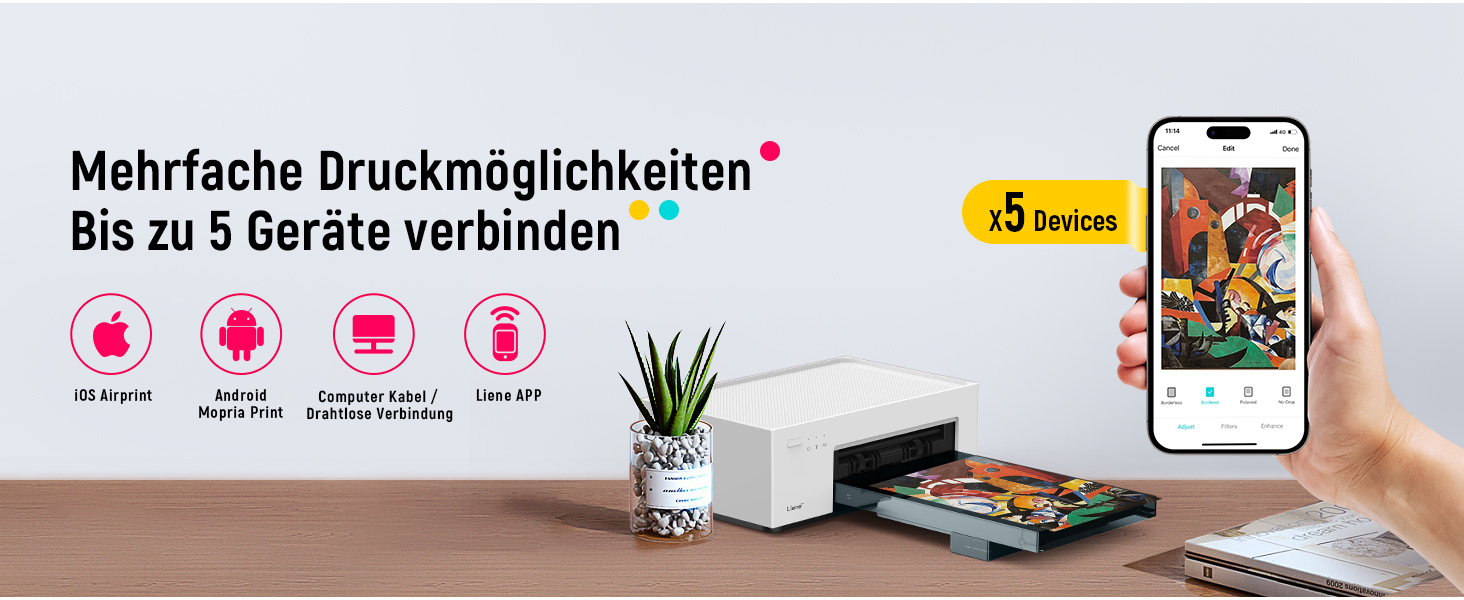 Портативний фотодрук для смартфонів Liene (10x15 см) + 2 пачки фотопаперу (20+80 листів), WiFi, сумісний з iPhone/Android/PC, 300 DPI, кольорова сублімація, білий