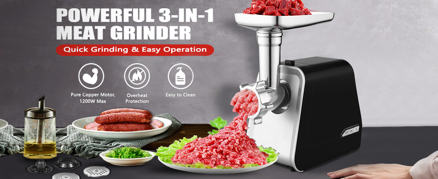 Електрична м'ясорубка COOCHEER 2000W з нержавіючої сталі 3-в-1, з набором для ковбас та кіббе