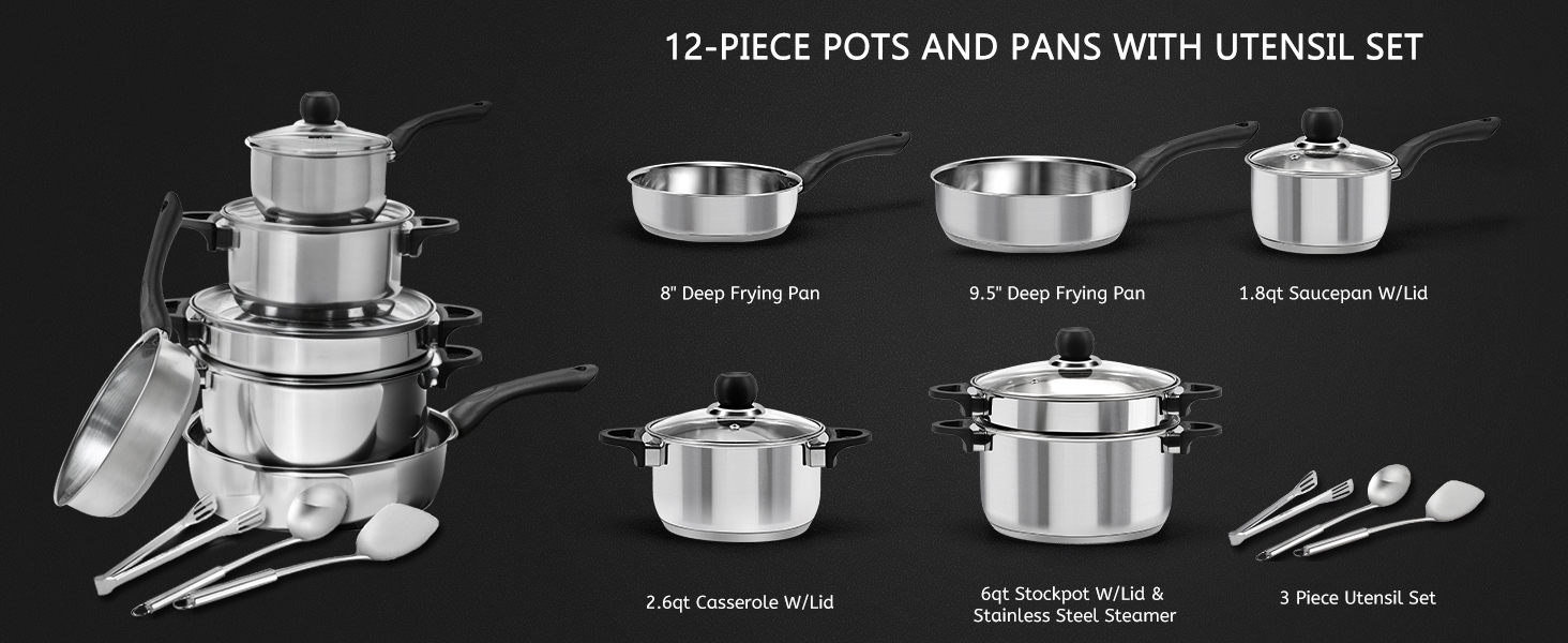 Набір каструль 6 шт. з нержавіючої сталі для індукційних плит, Cookware Set, з кришкою та захистом від опіків, сумісний з усіма типами плит, не має покриття, придатний для миття в посудомийній машині