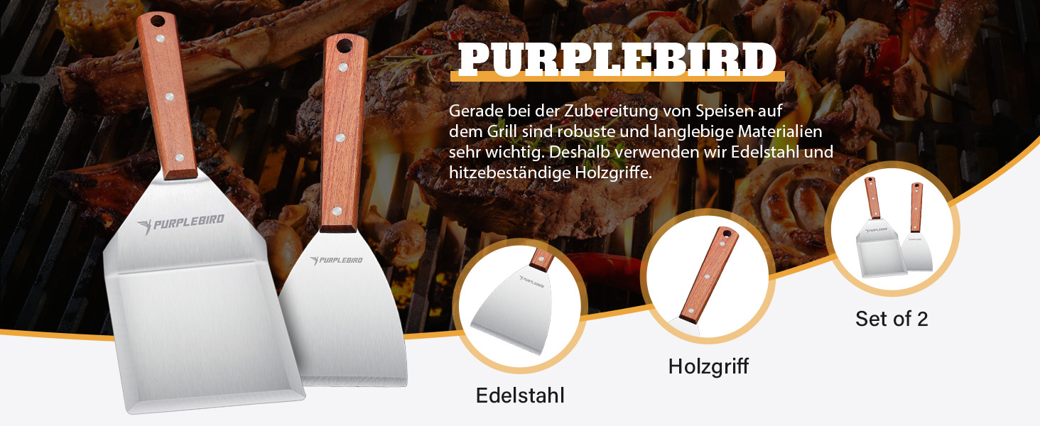 Набір гриль-посуду PURPLEBIRD 5 предметів: професійний інструмент з нержавіючої сталі, сумка-фартух, дерев'яні ручки, ідеальний для BBQ та тепаньякі, подарунок для чоловіків