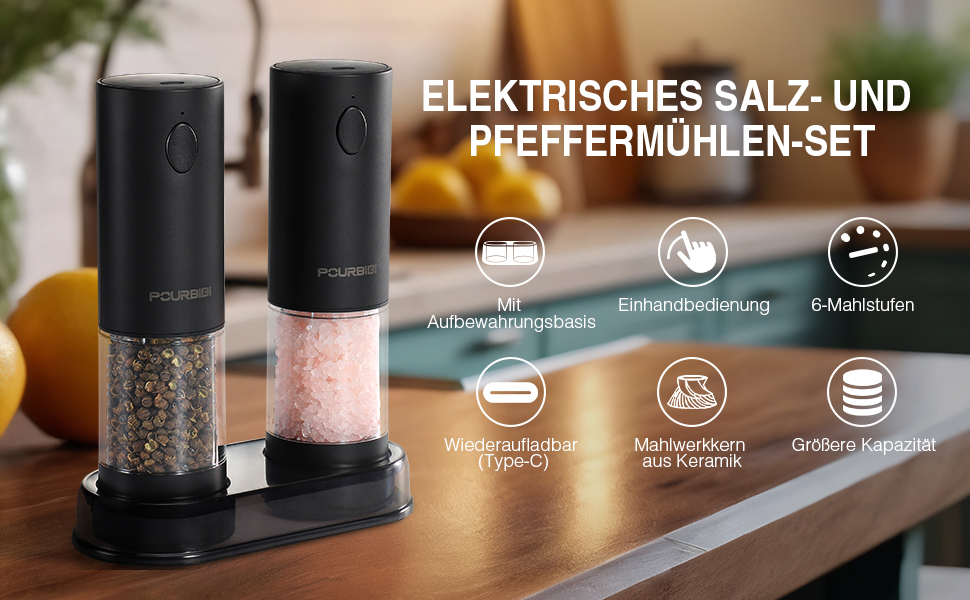 Електричні мельниці для солі та перцю 2 шт. з USB-C зарядкою, 100 мл, 6 ступенів помелу, для зручного використання однією рукою, з LED-підсвічуванням, керамічний жорно, для спецій