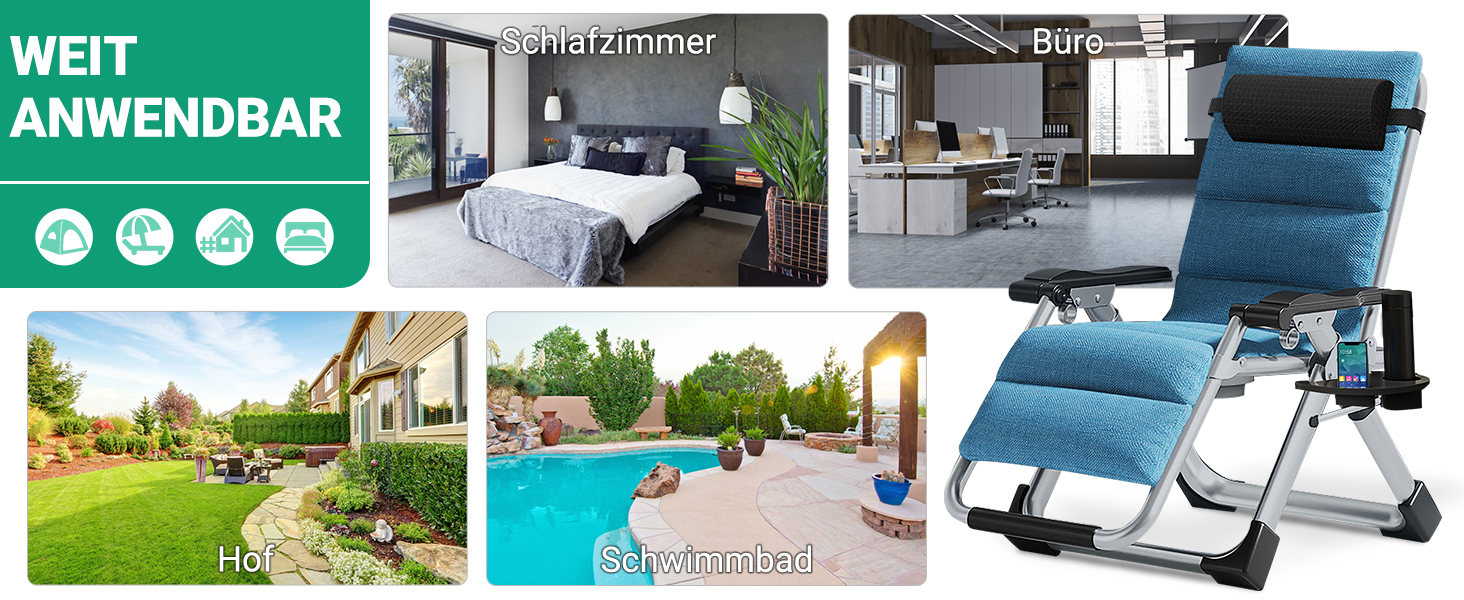 Шезлонг для відпочинку, розкладний, 200 кг, Zero Gravity, з подушкою, підстаканником, широкий, регульований, для саду, патіо, пляжу, басейну, сірий