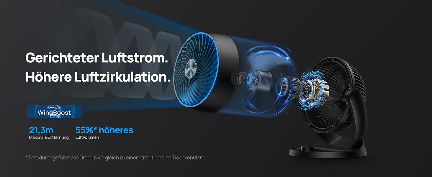 Дрео - тихий настільний вентилятор 30 см, 3 швидкості, 21 м³/хв, кут нахилу 120°, чорний