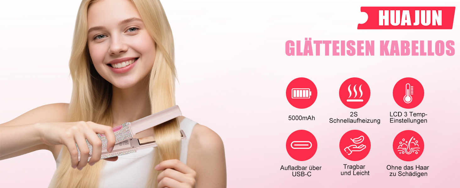 Бездротовий випрямляч для волосся Mini Glätteisen Titan з акумулятором 5000mAh, рожевий: 2-в-1 для випрямлення та завивки, портативний міні-випрямляч для подорожей з швидким нагрівом до 210°C