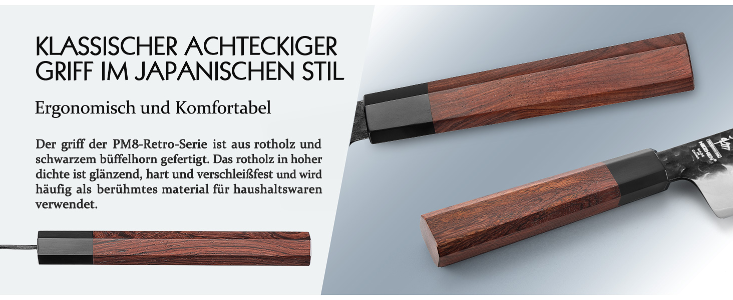 Професійний японський ніж Kiritsuke HEZHEN 21,5 см, кухонний ніж із 3-шарової дамаської сталі з восьмигранною ручкою з червоного дерева та дерев'яним чохлом