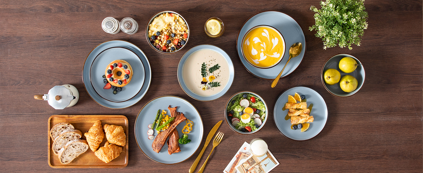 Набір посуду Steingut vancasso LOIRE 24тг. для 6 осіб: тарілки, супові тарілки, десертні тарілки, миски. Сучасний блакитний дизайн, безпечний для мікрохвильовки та посудомийної машини.