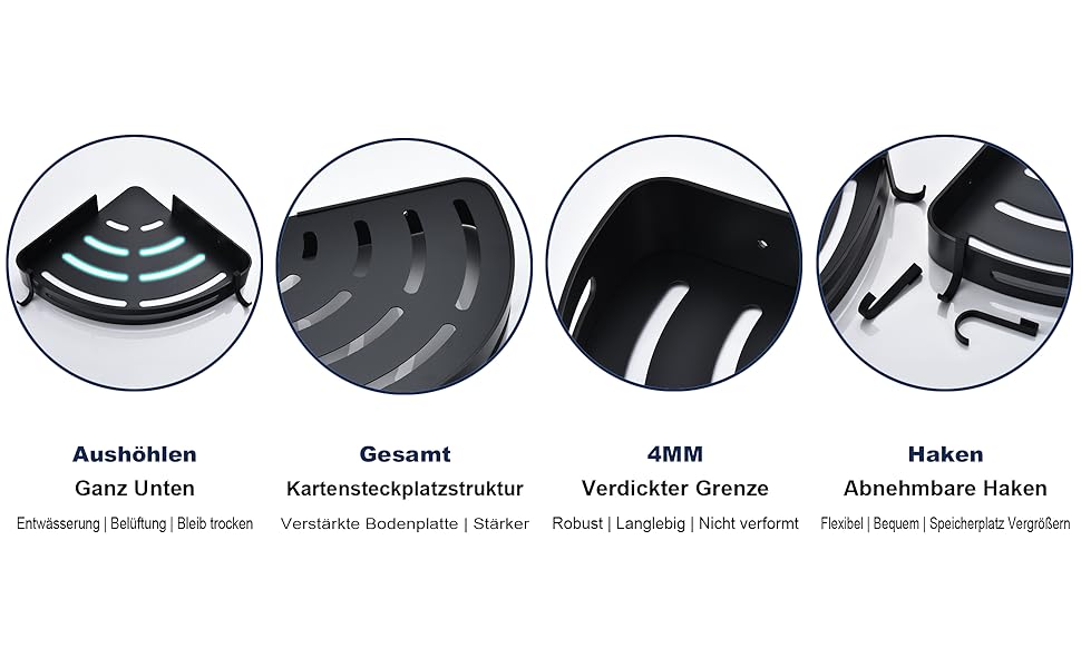 Душова полиця чорна, настінна металева полиця для ванної без свердління, кутова полиця з гачками, антикорозійна, 2 шт., матова