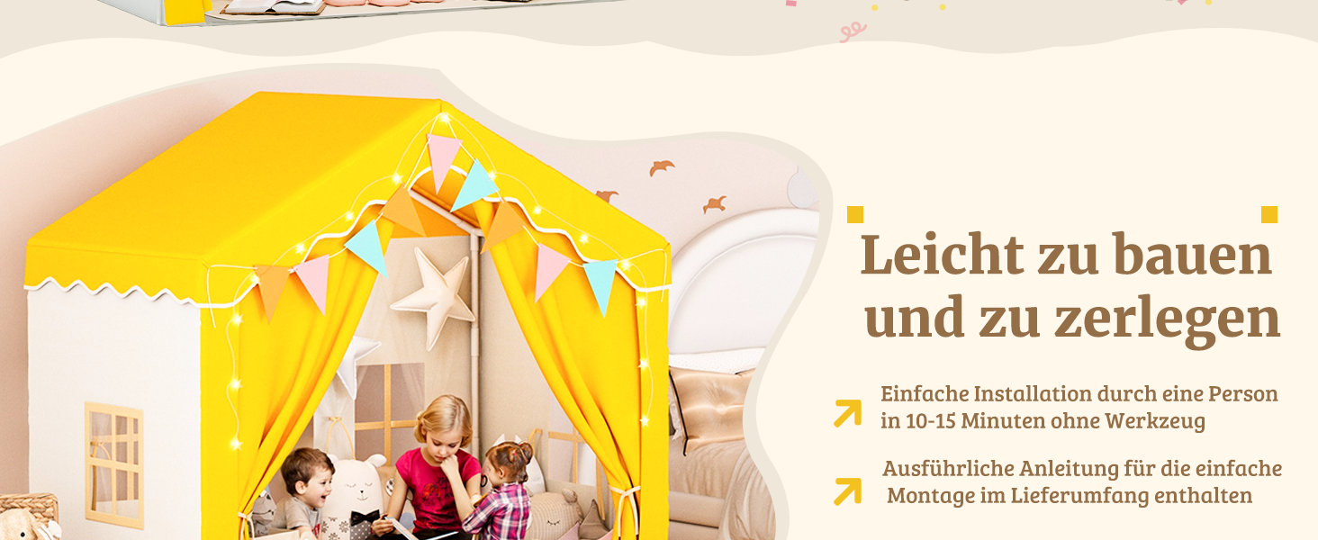 Дитяче намет-будиночок EROMMY 2-в-1 з килимком, прапорцями та світлодіодними смугами, з двома дверцятами, з даховим віконцем, для дому, від 3 років (Жовтий)