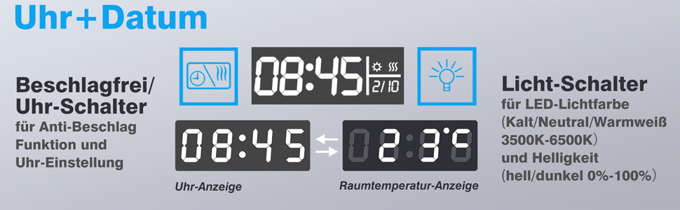 Круглий LED дзеркало для ванної кімнати 70 см з підсвічуванням, сенсорне управління, протитуманне покриття, Alpha серія, холодний білий світло, 60x60 см, 3 режими освітлення (дзеркало+годинник)