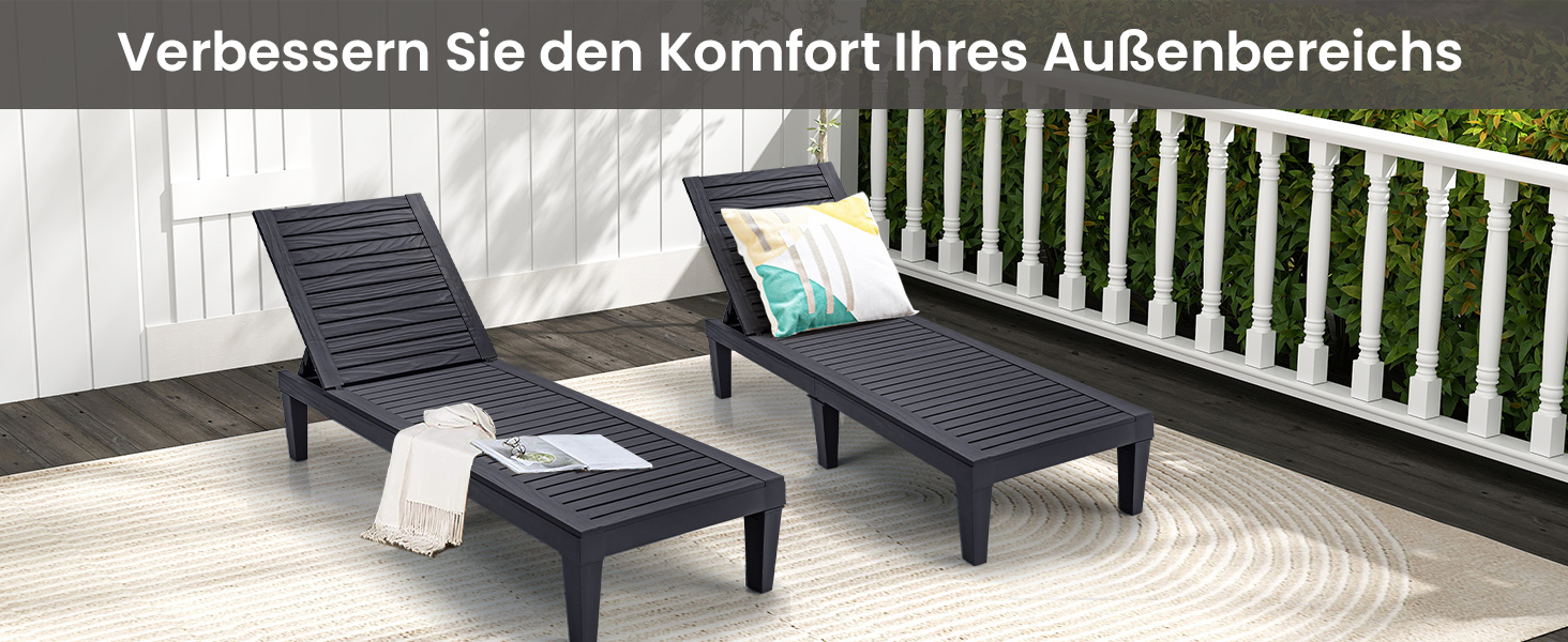 Лежак для відпочинку Giantex для саду та тераси, чорний, з регульованою спинкою, 190x57,5x29 см, до 180 кг