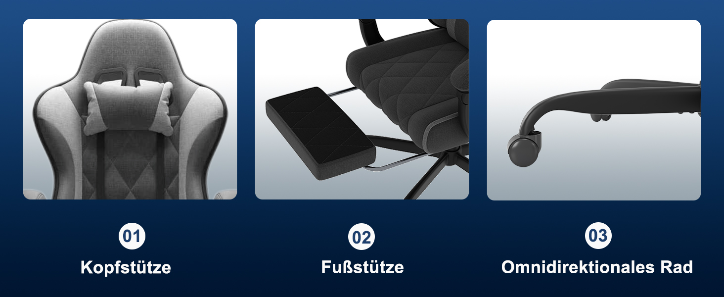 Ігровий крісло JUMMICO з тканини та пружинним наповнювачем, ергономічний офісний крісло з масажером. Крісло має підголівник, підставку для ніг, регулювання висоти. Максимальне навантаження: 150 кг. Колір: темно-сірий