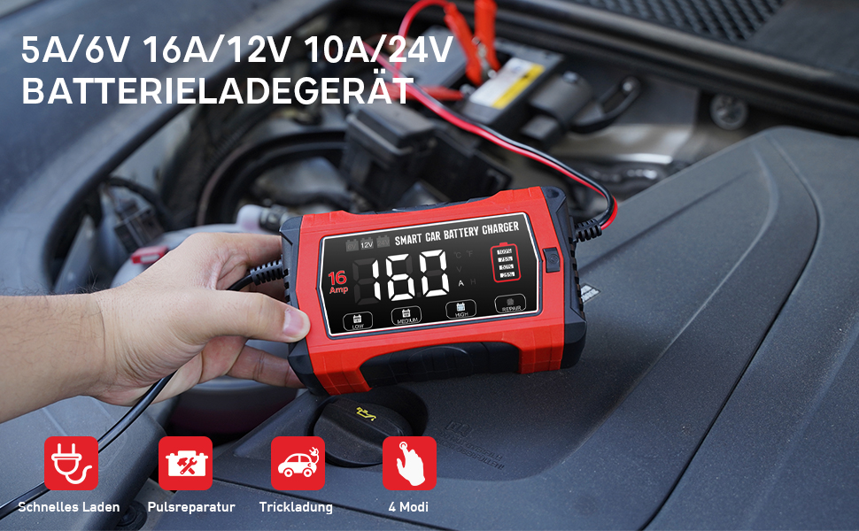 Зарядний пристрій для акумулятора 12V/24V Haisito: Швидка зарядка AGM, Gel, MF, EFB, SLA, VRLA (16A)