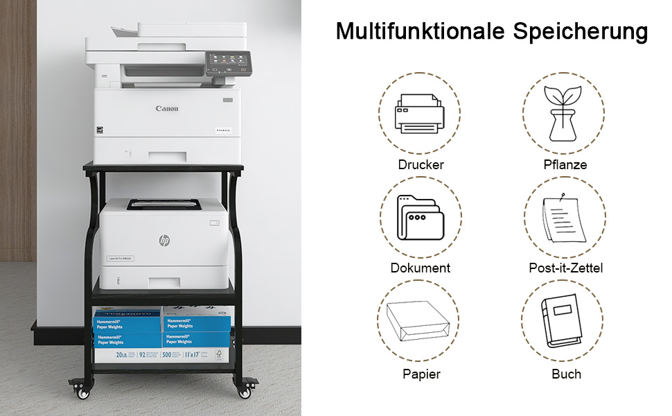 Регульований стіл для принтера PUNCIA з 3 полицями, з роликами, мобільний візок для принтера з дерева та металу, чорний (60 x 50 см)