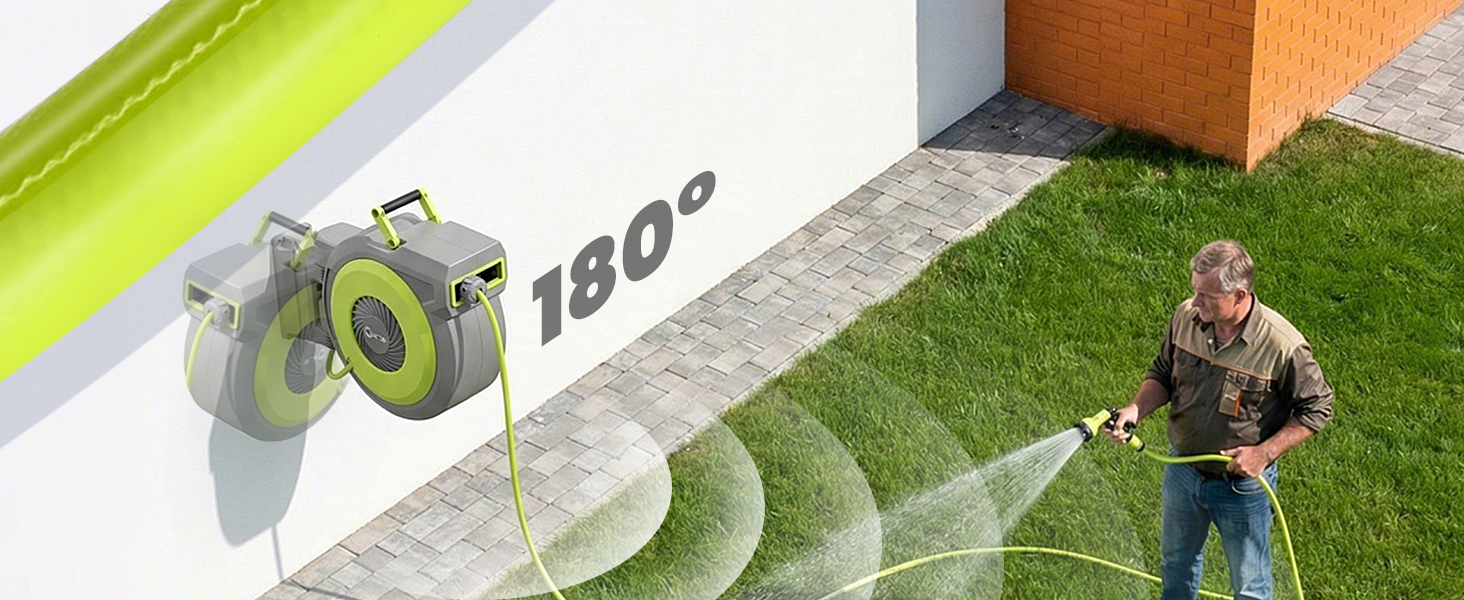Шланговий барабан настінний автоматичний 40м, з фіксацією довжини, поворотна кріплення 180°, 9 режимів поливу для саду та миття авто