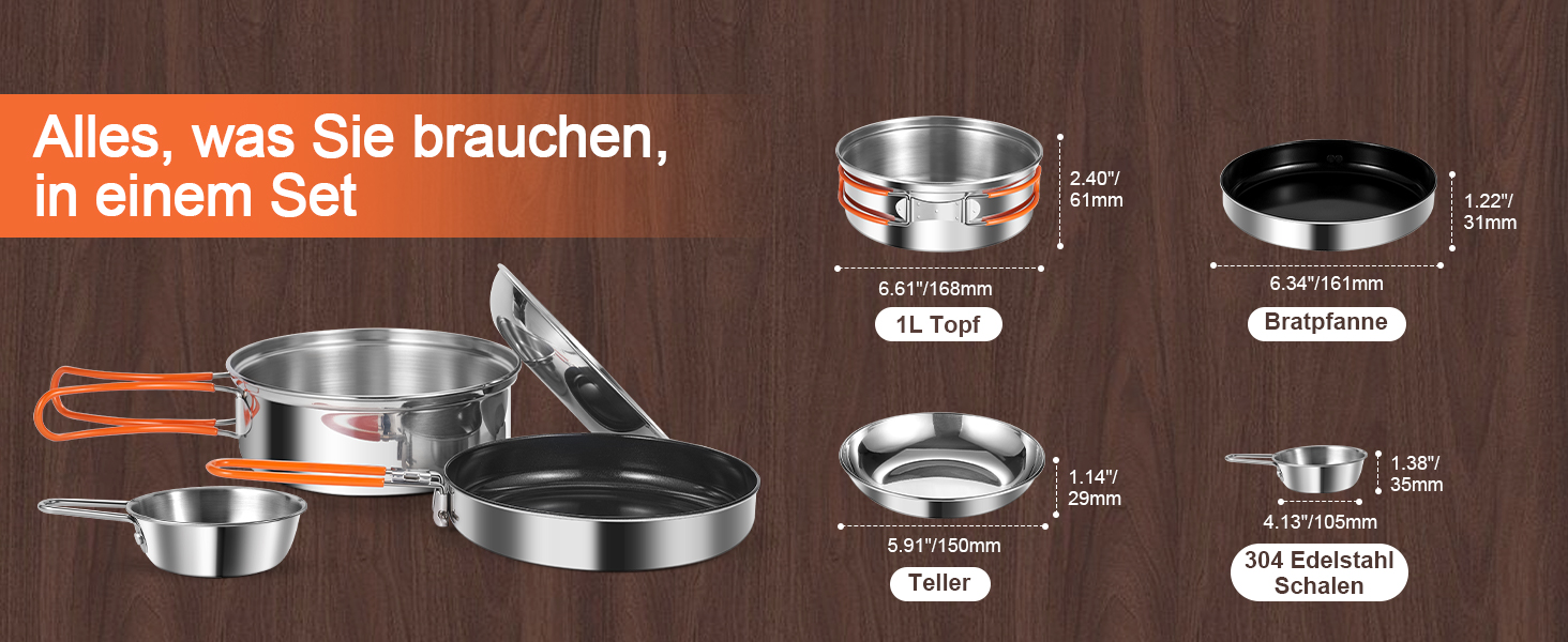 Набір кухонного посуду для кемпінгу Odoland 10 предметів: каструля, сковорода з антипригарним покриттям, тарілки, миски, виделки, ножі, ложки. Ідеально для кемпінгу, пікніків, походів та трекінгу. Виготовлений з нержавіючої сталі з захисною шкіряною обкладинкою.