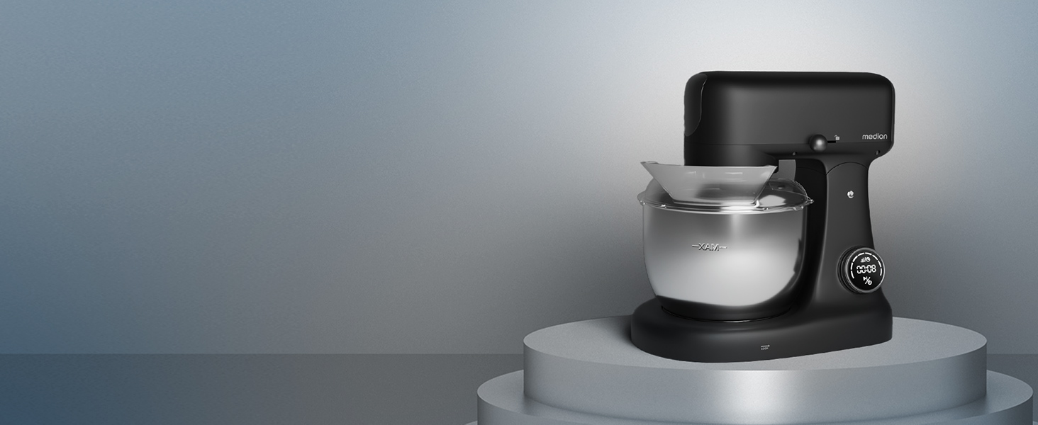Кухонна машина MEDION MD12600: м'ясоподрібнювач, 4.6л чаша з нержавіючої сталі, тихий DC-двигун, 800 Вт, набір дисків для тертя, шинкування та нарізання, сенсорний дисплей, міксер, тістоміс