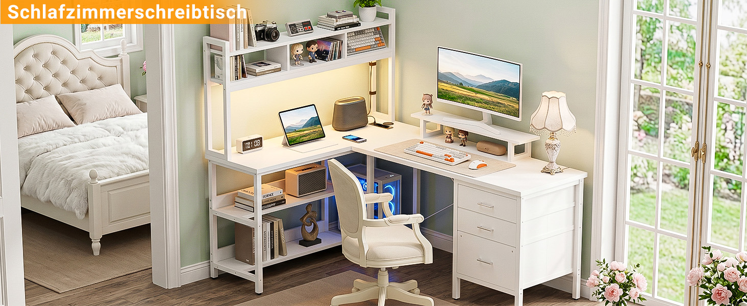 Кутовий L-подібний письмовий стіл Homieasy 150 см з LED-підсвіткою, шухлядою, USB та Type-C розетками, підставкою для монітора та полицею A4, білий