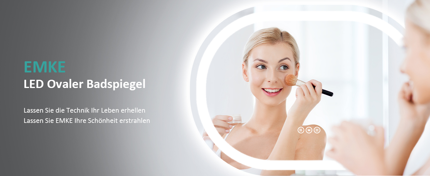 Дзеркало для ванної кімнати EMKE з підсвічуванням 80x60 см, сенсорне управління, антизапар, 3 кольори світла, регулювання яскравості, функція пам'яті, енергозберігаюче, овальне дзеркало