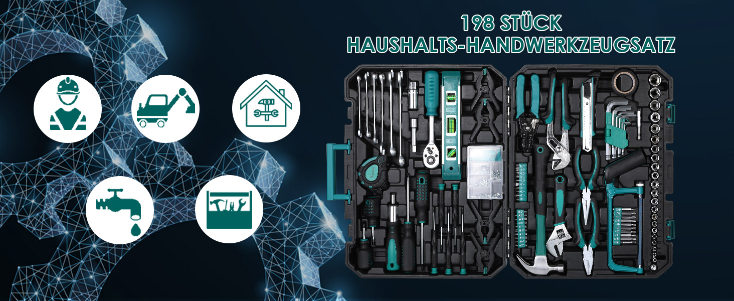 Набір інструментів TLGREEN 198 предметів у кейсі: побутовий, з тріскачкою, набором головок, викрутками, універсальний темно-зелений + чорний