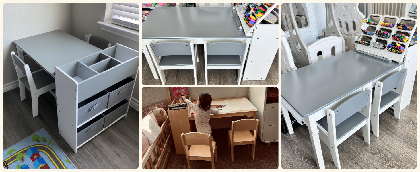 Дитячий стіл Mamizо з 2 стільцями, стіл для малювання та рукоділля, комплект меблів у дитячу кімнату, ігровий стіл з місцем для зберігання для дітей від 3 років (сірий, білий)