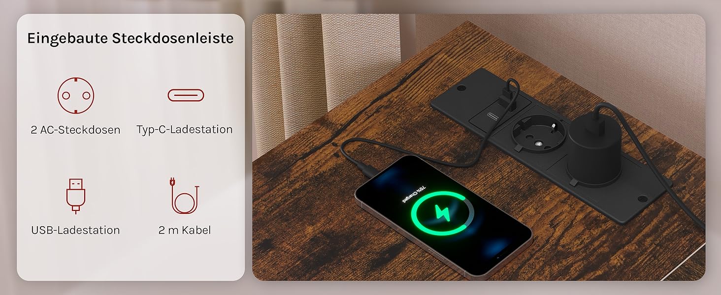 Кутовий стіл WOLTU білий з USB-роз'ємами (A/C) - 120x80x75 см. Комп'ютерний стіл з полицею та розеткою, металевий каркас (вінтажний коричневий)