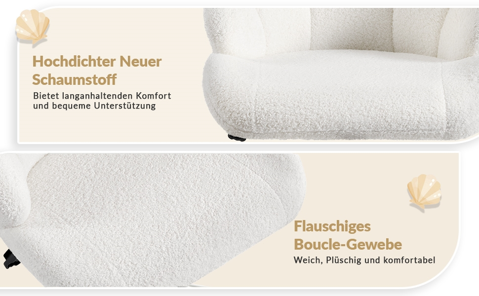 Крісло для дому та офісу Yaheetech, крісло для макіяжу, регульоване по висоті, поворотне, офісне крісло у формі мушлі, крісло з роликами, оксамитове крісло, до 136 кг, білий (сніжно-білий)