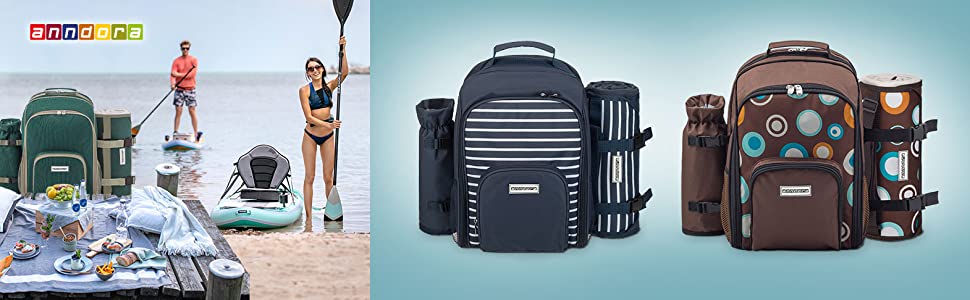 Набір для пікніка Anndora 15 предметів: рюкзак, деки, посуд, блакитно-білий в смужку