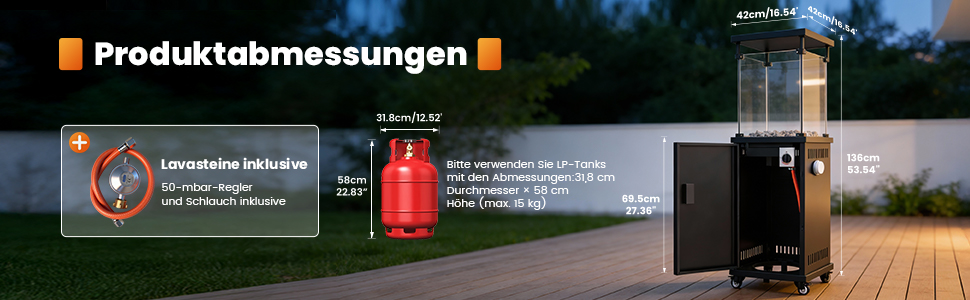 Газовий обігрівач Sweetcrispy для тераси 11 кВт, чорний. Модель для вулиці, з поворотним підставою та захистом від перекидання. Газовий нагрівач для саду та відпочинку на відкритому повітрі. Працює на пропані/бутані. (Газовий балон не входить у комплект)