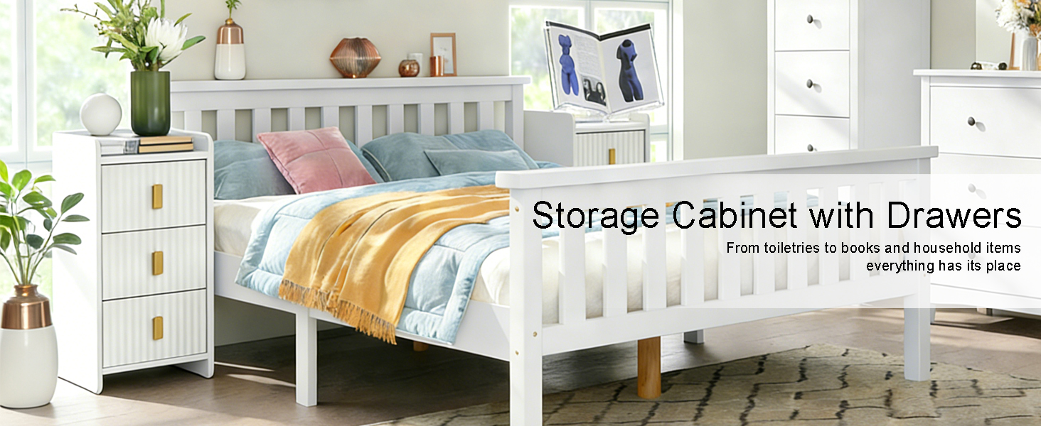 Нічний столик з 3 шухлядами, білий, для спальні та вітальні