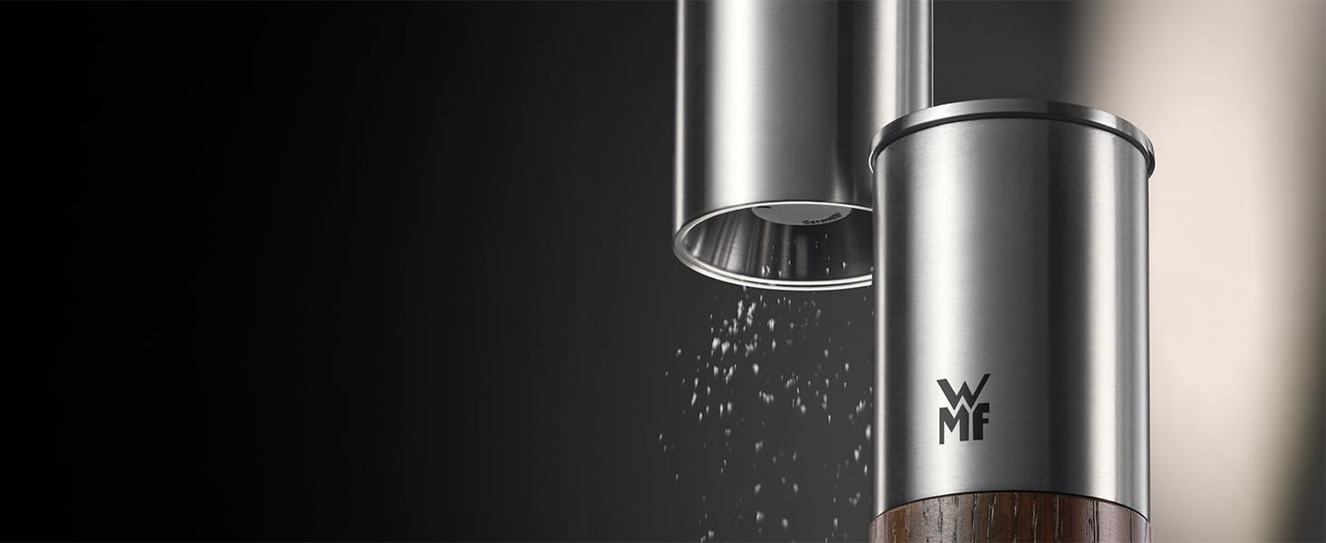 Мельниця для спецій WMF Nature Pro – соляна та перечна мельниця з керамічним механізмом, регульованим ступенем помелу, легко заповнюється, кришкою для захисту аромату, довговічний нержавіючий сталь та дерево, ручна (темно-коричнева)