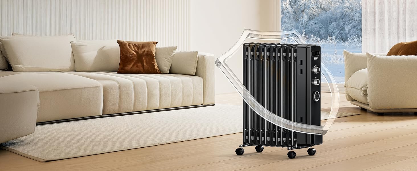 Масляний радіатор VonHaus 2.5 кВт з термостатом - білий/чорний, 11 ребер | Електричний обігрівач для дому та офісу