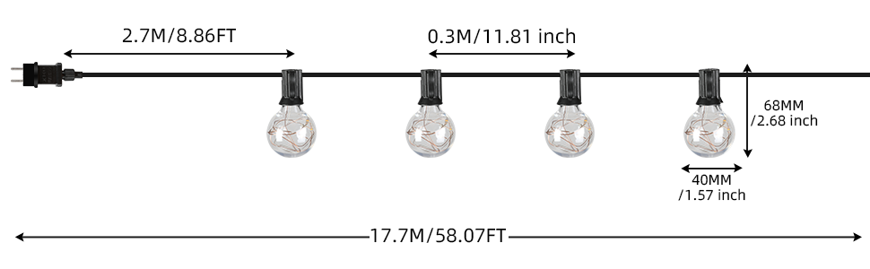 Світлодіодні струнні світильники TEMFAU зовнішні 18 м, 54 лампочки G40, IP44, прикраса для саду, балкона, тераси, теплий білий