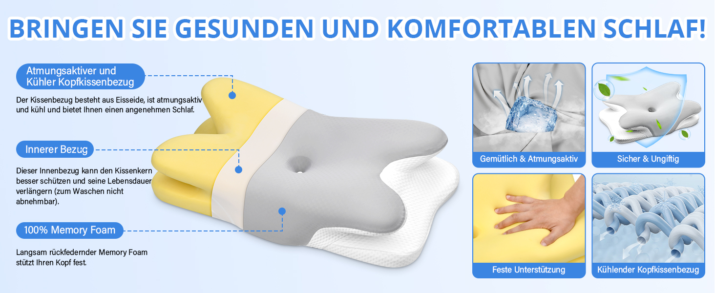 Подушка для шиї Ehomfory з Memory Foam, ергономічна для сну на боці, спині та животі, 67x37x9/12 см, срібляста