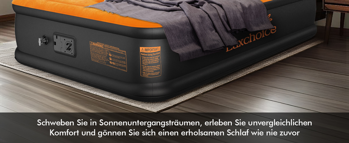 Надувне ліжко Luxchoice з електричним насосом для 2 осіб (205x155x38 см) - Dark Orange