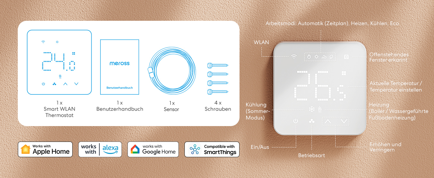 Meross Matter Термостат для радіатора Wi-Fi, сумісний з HomeKit, Alexa та Google Assistant (для опалення будинку/теплої підлоги)