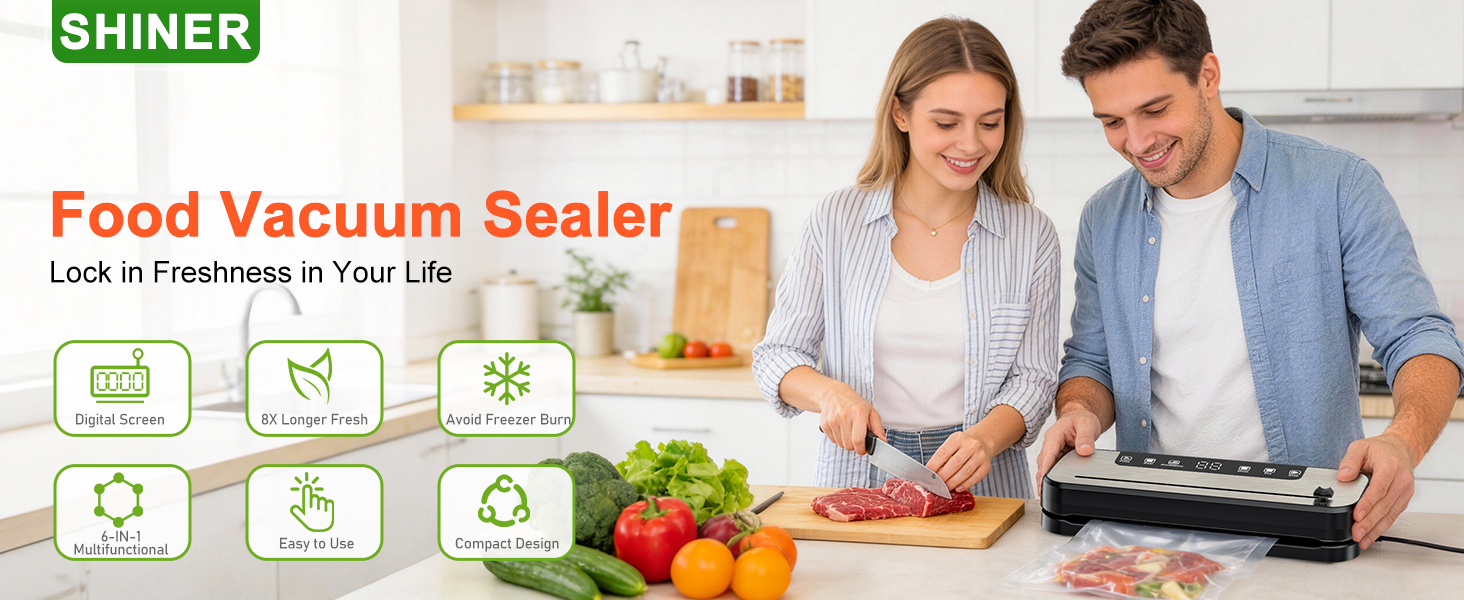 Вакууматор SHINER 6-в-1 для сухих та вологих продуктів, компактний вакуумний пакувальник з цифровим дисплеєм та набором пакетів, сріблястий
