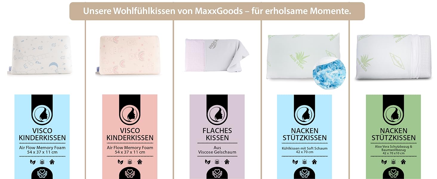 Ортопедична подушка MaxxGoods з віскоеластичної піни з Aloe Vera, бавовняний чохол - для сну на спині, боці та животі (42x70x12 см)