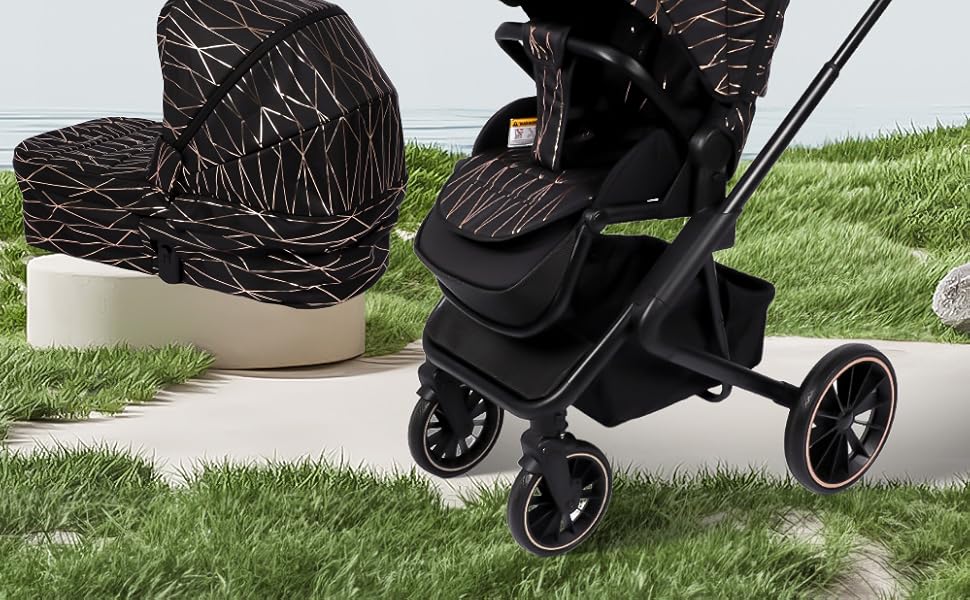 Дитяча коляска 2-в-1 BabyVoyage з люлькою та прогулянковим блоком, поворотні колеса 360°, амортизація, регульована ручка, складана, аксесуари, колір зелений (чорний-золотий)