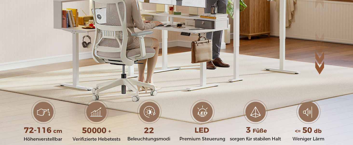 Електричний кутовий стіл Klicelor з регулюванням висоти, L-подібний стіл для стоячи роботи з 3 функціями пам'яті та антиколізійною технологією, ергономічний комп'ютерний стіл, білий (160 x 140 см) з LED-підсвічуванням та штекером