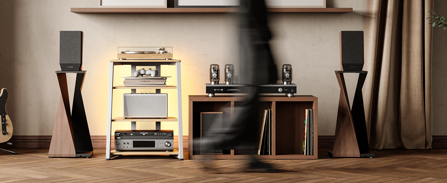 FITUEYES СТЕЛЖ HI-FI РЕГІАЛ з LED-підсвіткою та розетками для програвачів та стереосистем, 61 x 52 x 78 см
