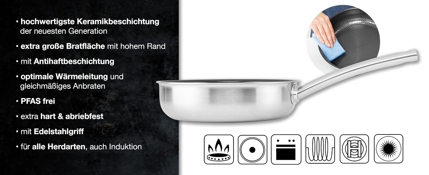 Пан з нержавіючої сталі Moritz & Moritz 28 см з керамічним покриттям нового покоління - підходить для всіх типів плит - антипригарна сковорода з вафельною структурою для приготування, смаження та тушкування