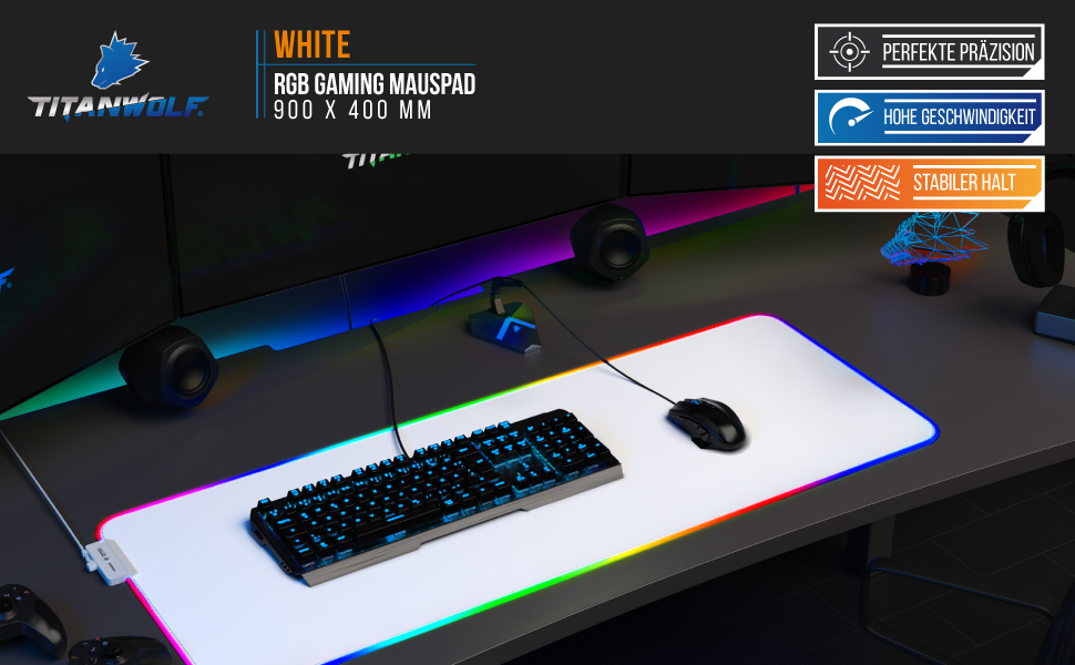 Кисмет TITANWOLF XXXL RGB килимок для миші – 1200 x 600 мм, LED, 7 кольорів, 4 режими, для геймінгу, гумовий, миється (білий)